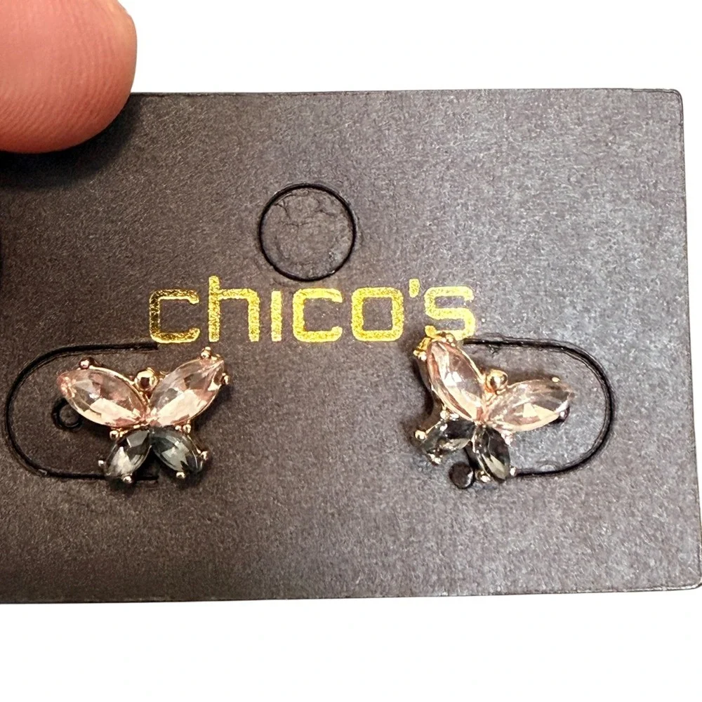 Vintage Chico's Butterfly Crystal Stud Earrings‎ Pink Gray Gold Tone NOS Y2K